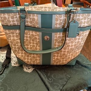 Coach Canvas Tote Bag - Teal and Cream